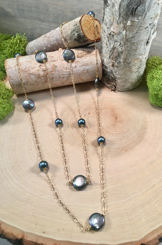 Genuine Black Coin Pearl Long Necklace