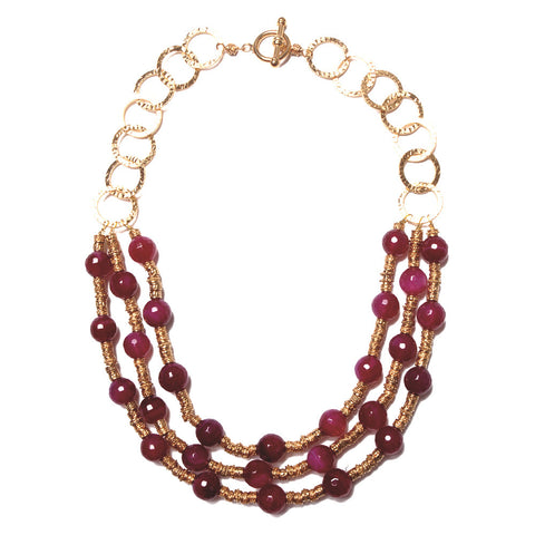Triple Strand Raspberry Bead Necklace