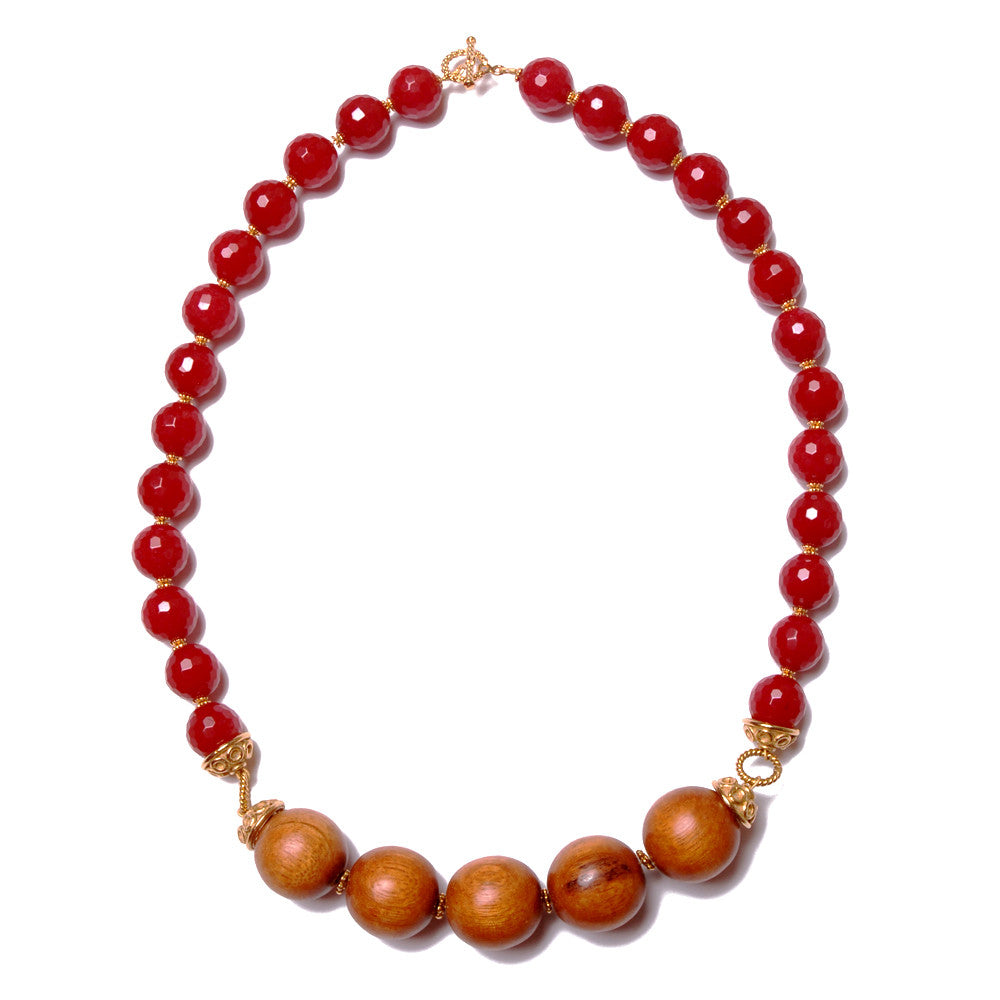 Triple Strand Red Natural Wood Bead Necklace