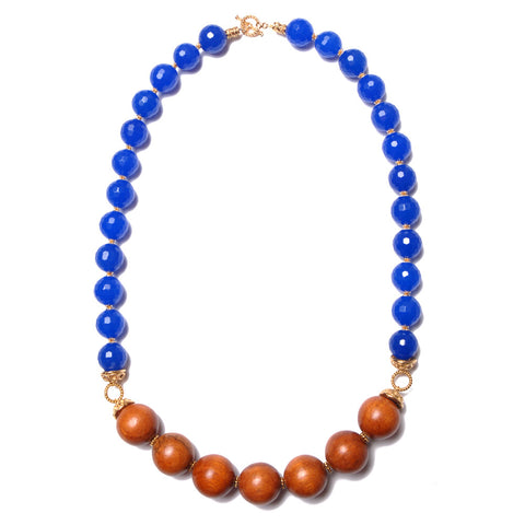 Triple Strand Blue Natural Wood Bead Necklace