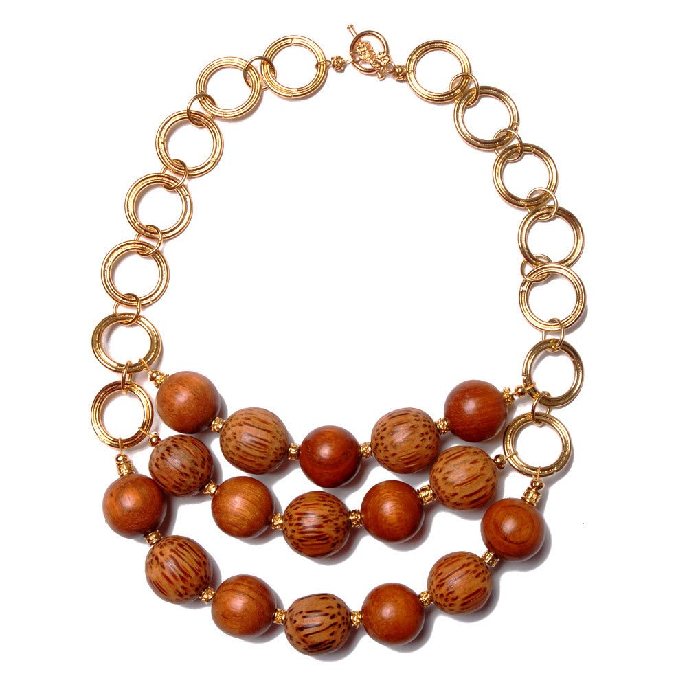 Triple Strand Natural Wood Bead Necklace